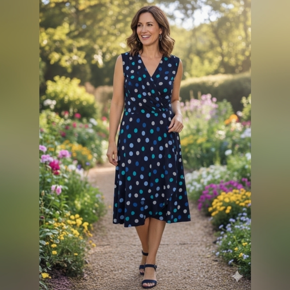 Dressbarn Navy and Teal Polka Dot Midi Dress Size 16 (EUC)